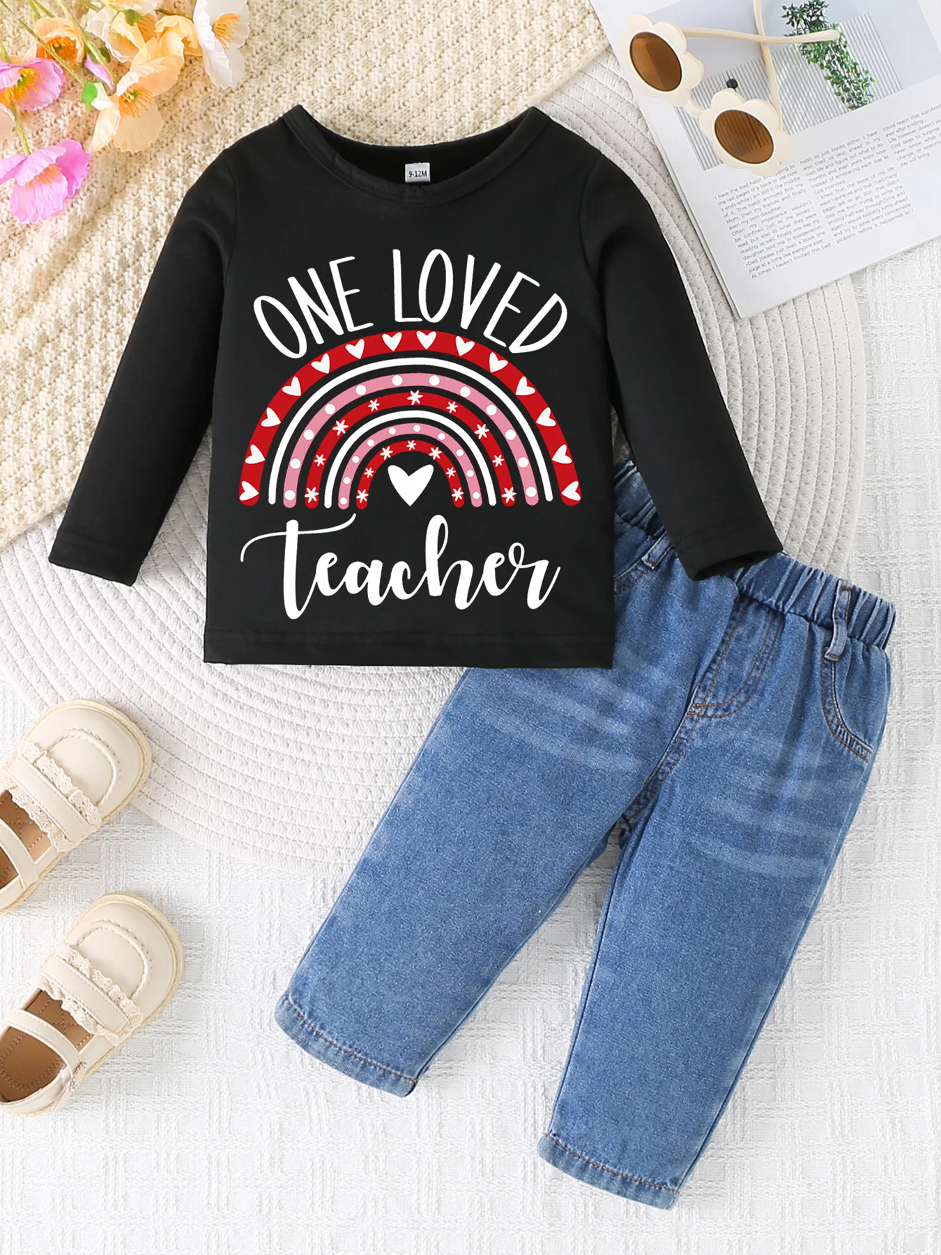 

0-3 year old summer newborn new solid color printed pullover sweater round neck long sleeved T-shirt+denim pants set, suitable f