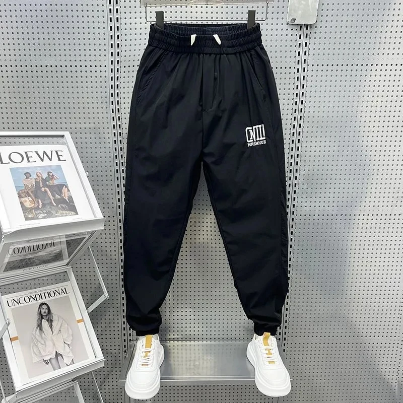 

Men Clothing Summer New Ice Silk Pants Men's Baggy Quick Drying Sports Nine-Point Pants All-Match Black Pants Korean Pants Homme