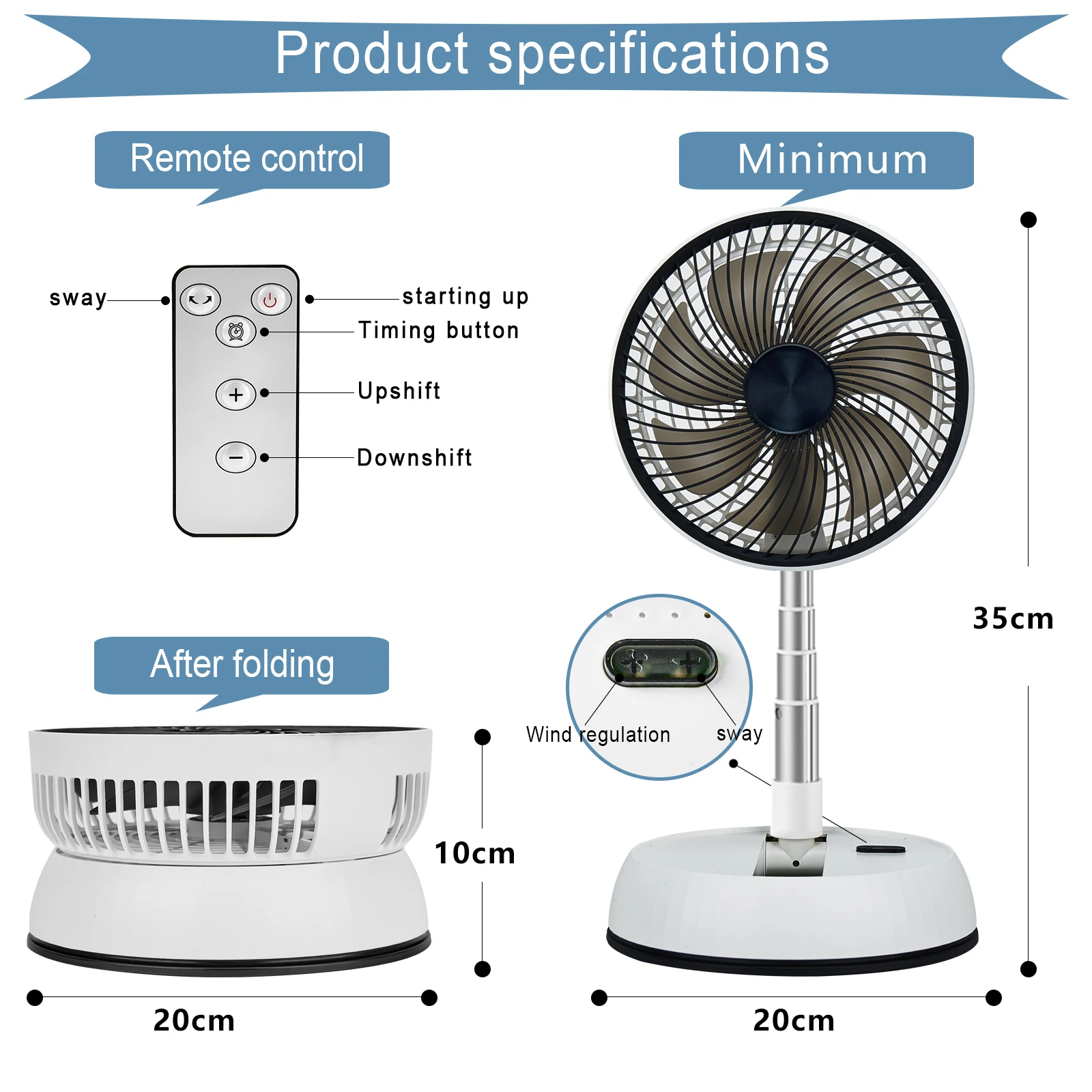 Portable Oscillating Standing Fan with Remote Controller Foldable Desk Fan Rechargeable Battery Powered Pedestal Fan for Camping