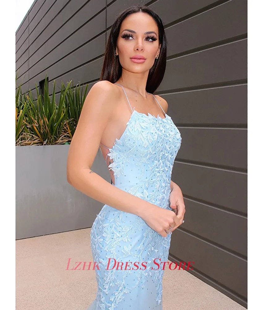 Personalizado sexy organza sereia cintas de espaguete apliques vestido de noite de cristal delicado sem mangas vestidos de ocasião sob medida