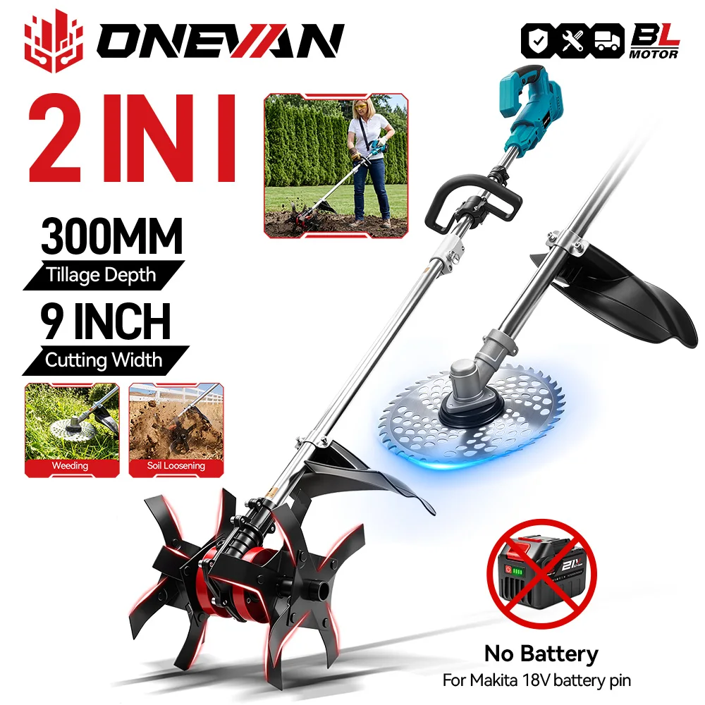 ONEVAN 2IN1 Brushless Electric Lawn Mower And Tiller Cordless Grass Trimmer Garden Cutter Soil Loosening For Makita Battery Pin