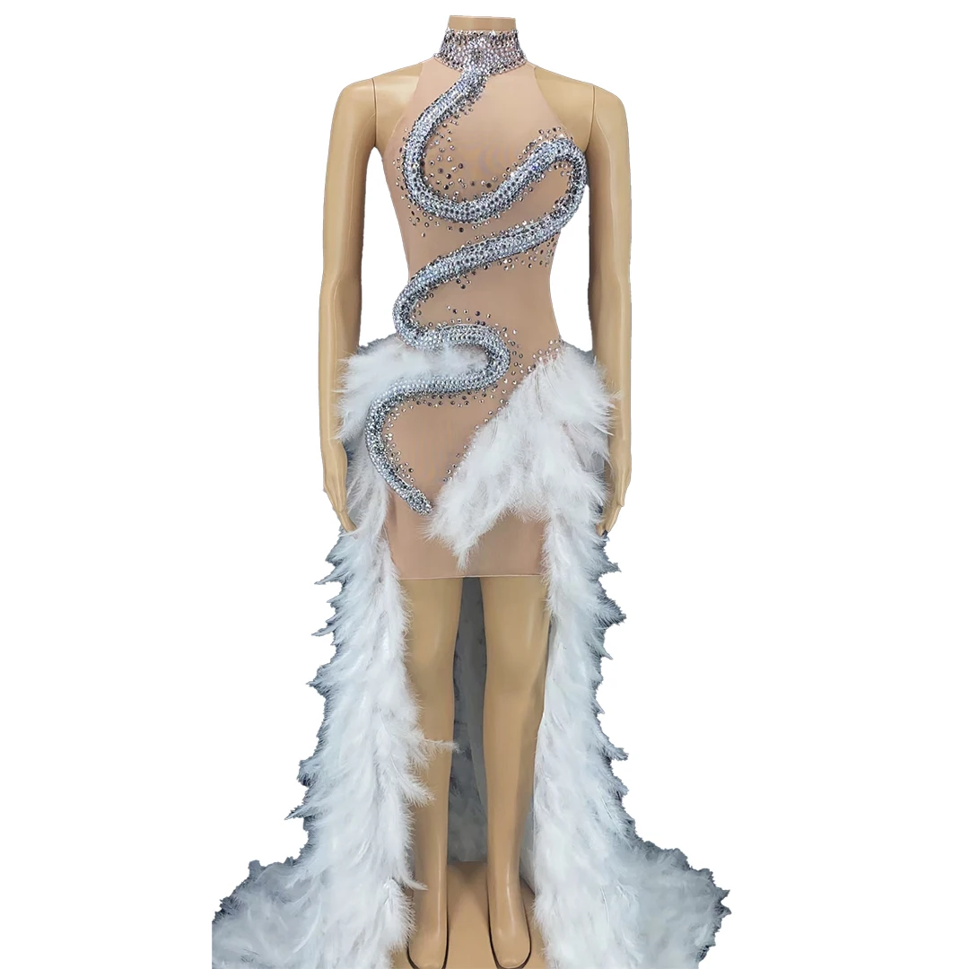 

Sparkly Snake Rhinestone Feather Sheer Long Train Dress Nightclub Women Sleeveless High Neck Party Prom Sexy Evening Gown Baishe