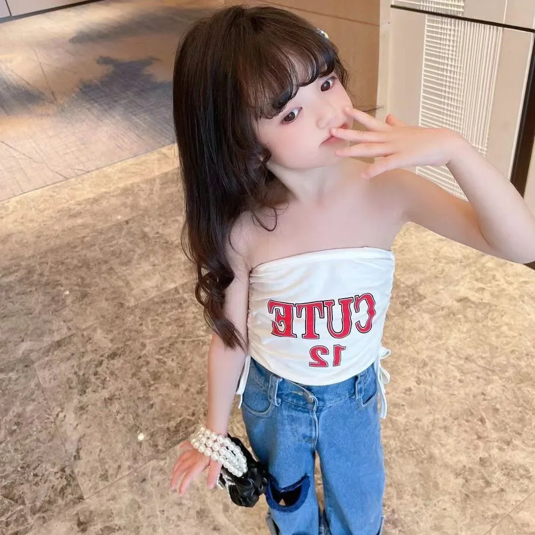 baby girls summer bandeau off the shoulder crop tops children Korean dance letters strapless white shirt toddler 2 to 10 yrs