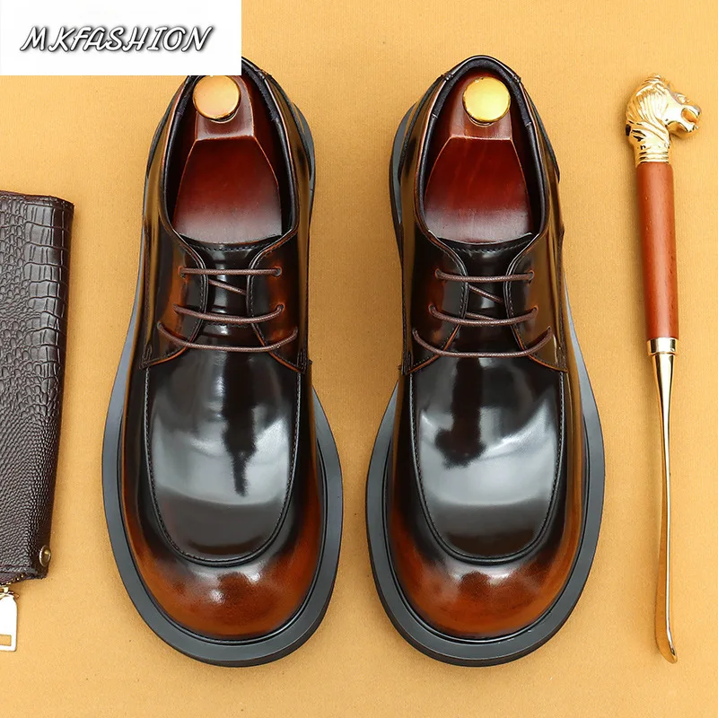 Retro Men Casual Dress Shoes British Big Round Toe Glossy Genuine Leather Flats men's shoes
