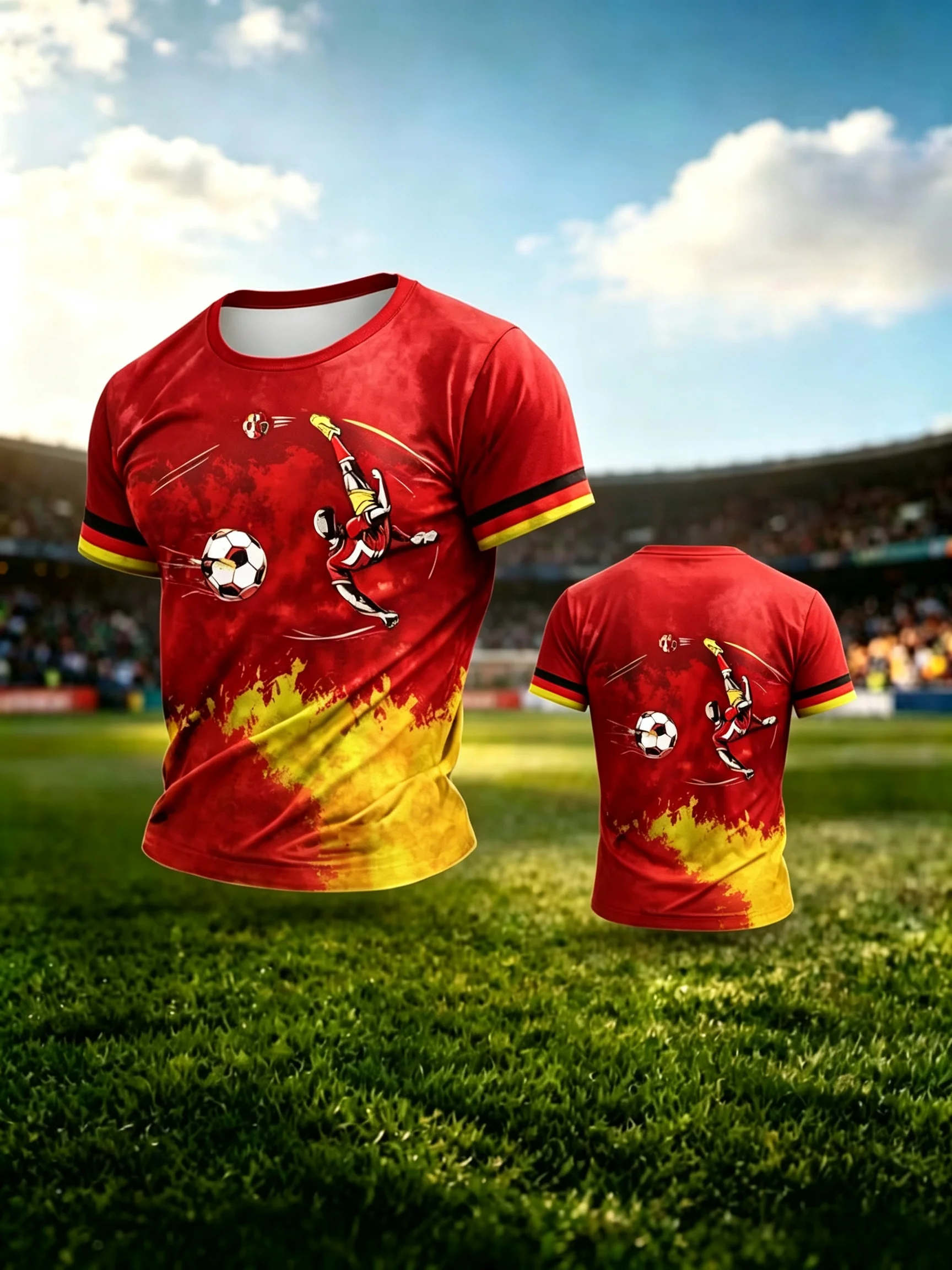 Men's soccer short-sleeved T-shirt, featuring a print of a soccer player performing a bicycle kick, a must-have for soccer fans.