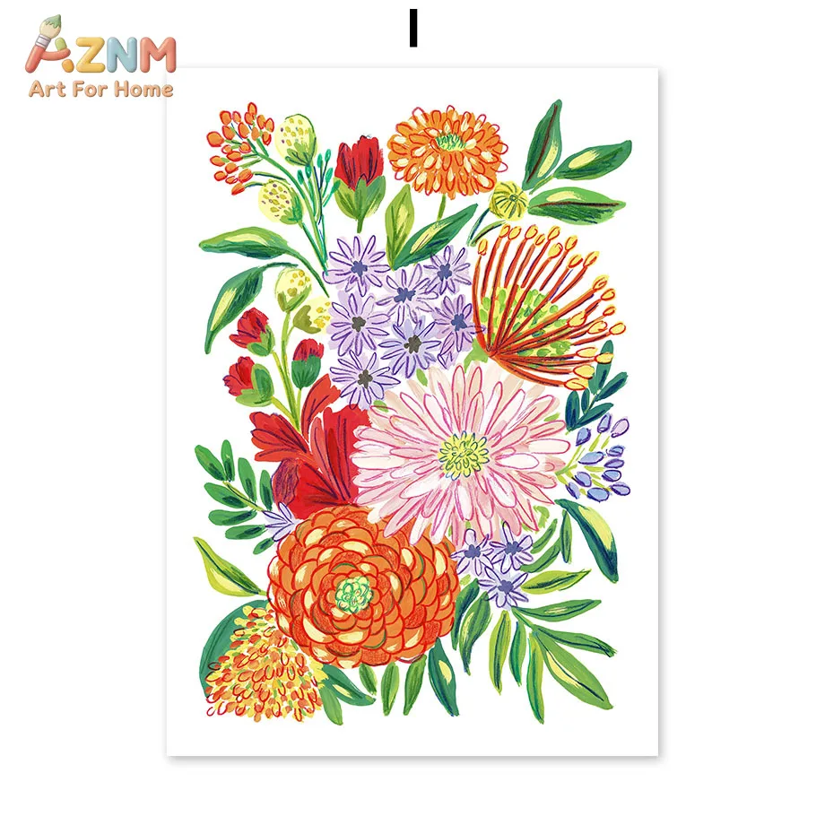 AZNM Vibrant Colorful Floral Bouquet Canvas Wall Art Hand Drawn Botanical Flower Art Print Boho Living Room Home Decor Poster