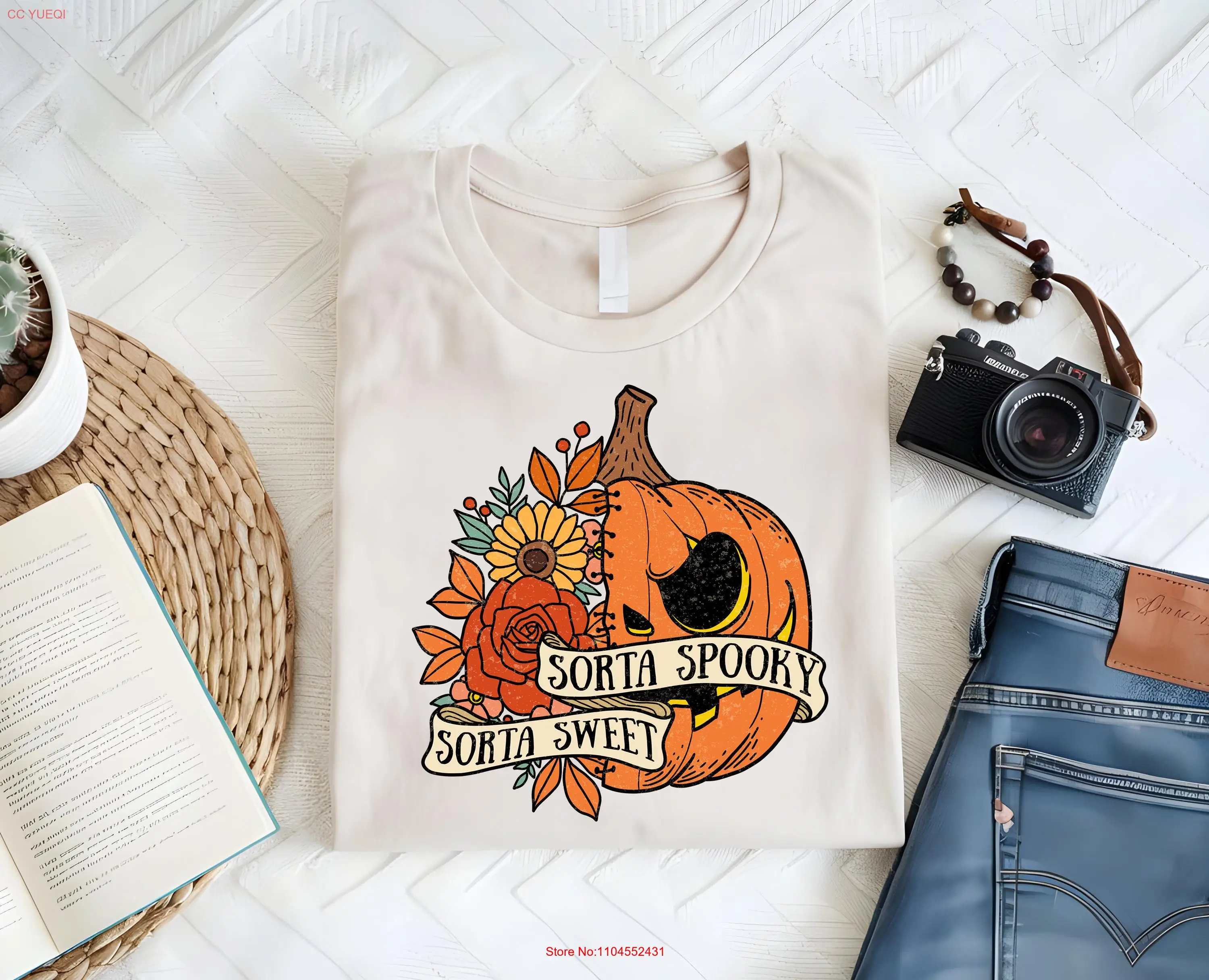 

Sorta Sweet Spooky T Shirt Halloween Floral Pumpkin Funny Party long or short sleeves