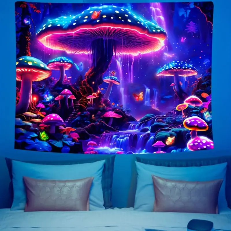 VIKAMA UV Blacklight Psychedelic Mushroom Forest Tapestry Glow in Dark Fantasy Wall Hanging for Bedroom Dorm Party Home Decor