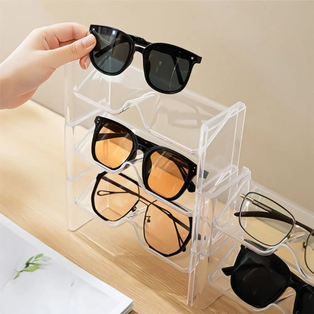 

2Pcs New Transparent Sunglasses Show Rack Space Saving Plastic Eyeglasses Display Stand Dustproof Glasses Holder Desktop