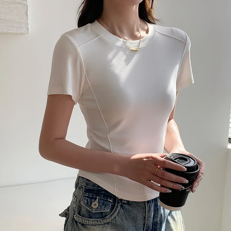 

T-shirt Women's Short Sleeve Straight Shoulder Slim Fit Fishbone Design Small Short Top Soft Breathable
