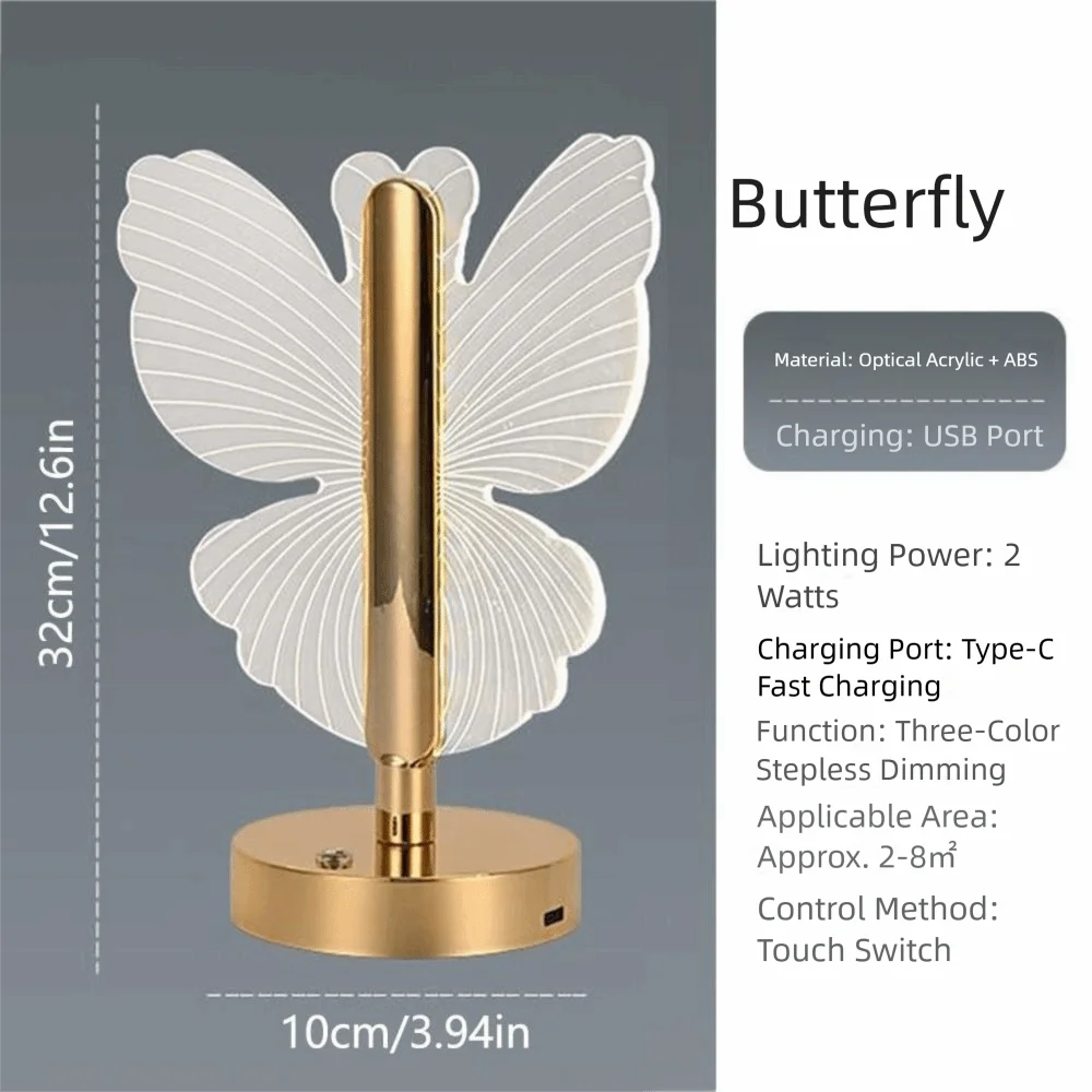 3-Color Lighting Butterfly Desk Lamp Adjustable Dimmable LED Table Lamp Touch Switch Ornaments Nordic Acrylic Night Light