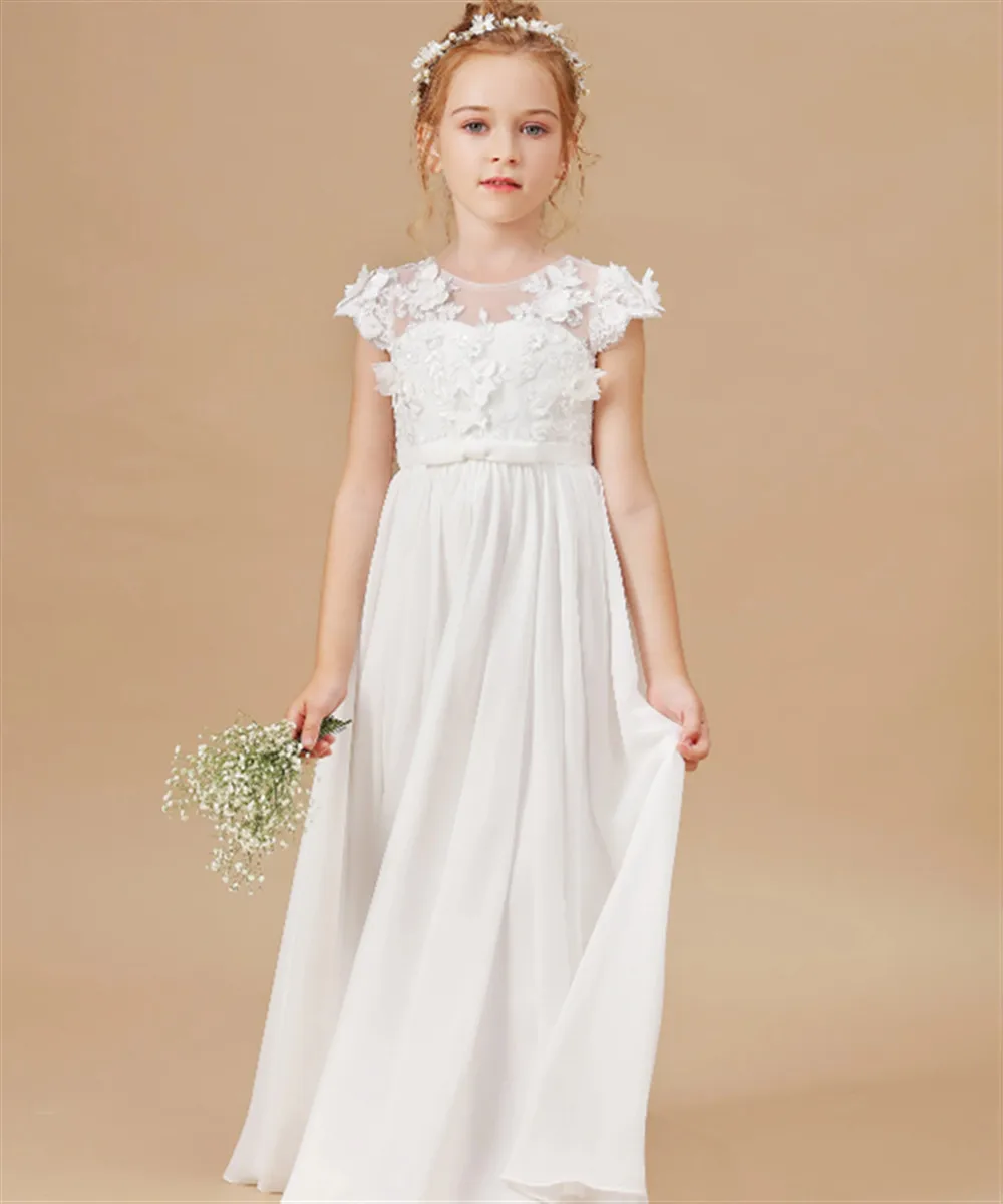 Vestido de novia elegante personalizado con flores para niña, apliques blancos, cinturón con lazo de encaje, vestido de primera comunión hinchado para niña, vestido de fiesta de cumpleaños