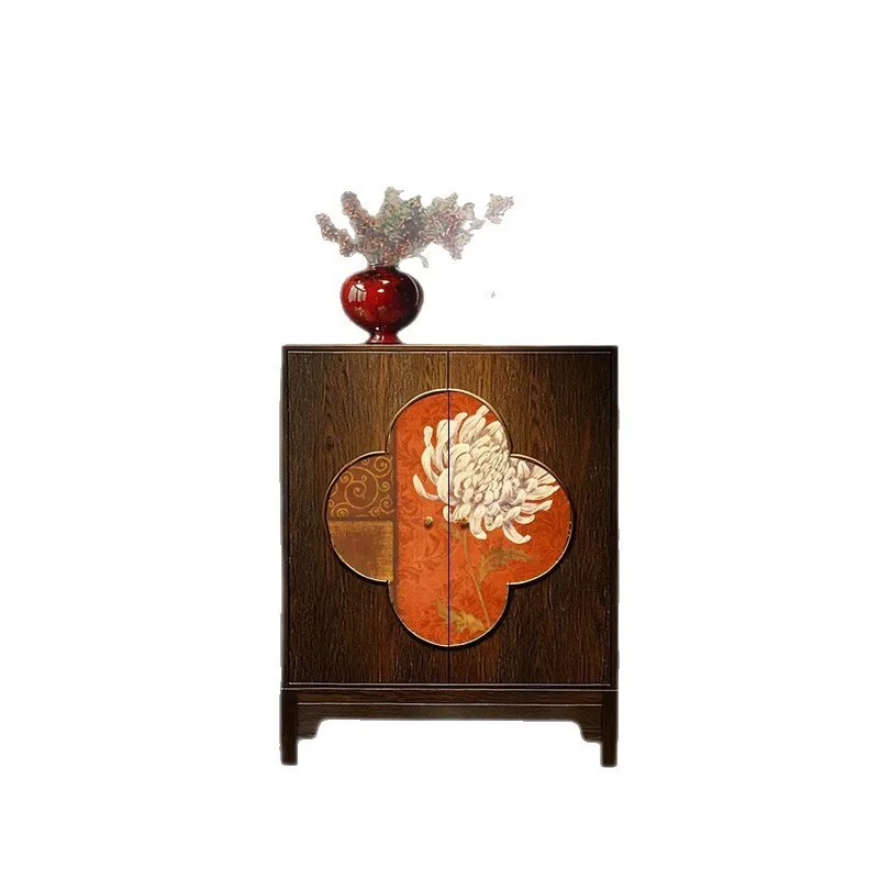 Solid Wood Drawer Chest, Oriental Style Red Base Chrysanthemum Print Sideboard for Tea Space Living Room Storage Furniture