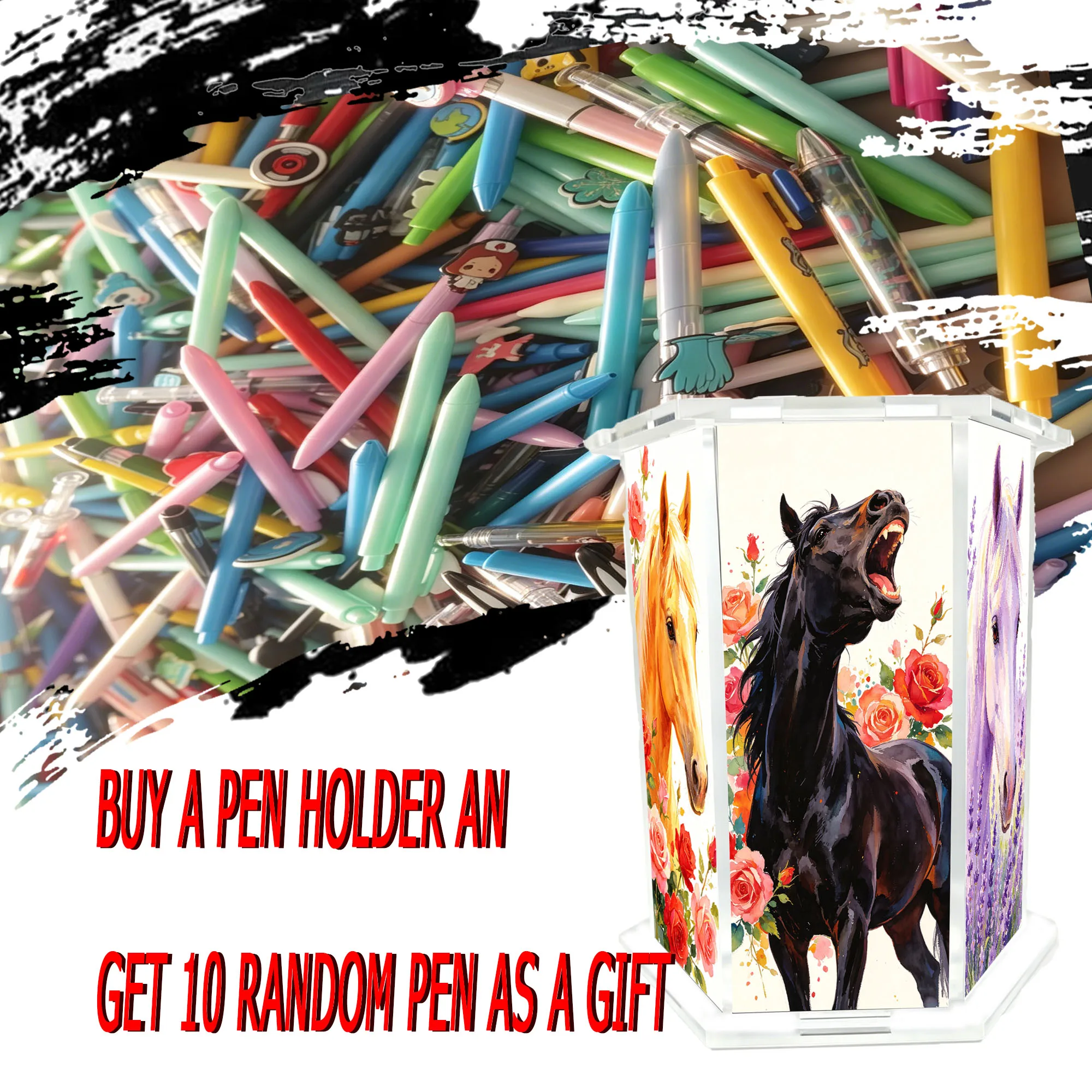 11pcs (1pc pen holder+10pcs random ballpoint pen) watercolor flower horse themed hexagonal acrylic pen holder