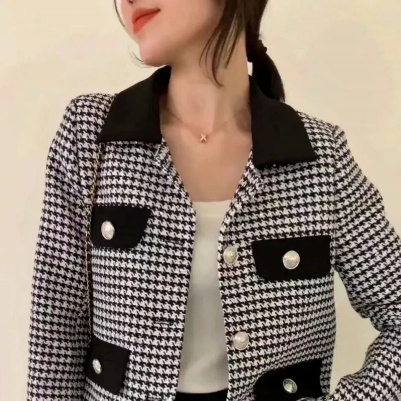 Spring Autumn New Fashion Turn-down Collar Long Sleeve Houndstooth Jackets Women's Clothing Button Korean Sweet Trend Chic Tops