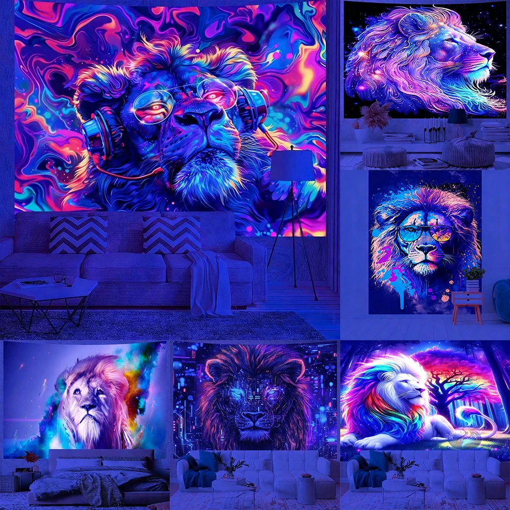 

Glowing Lion Tapestries for Colorful Walls UV reaction tapestry background decoration wall hanging bedroom party decoration