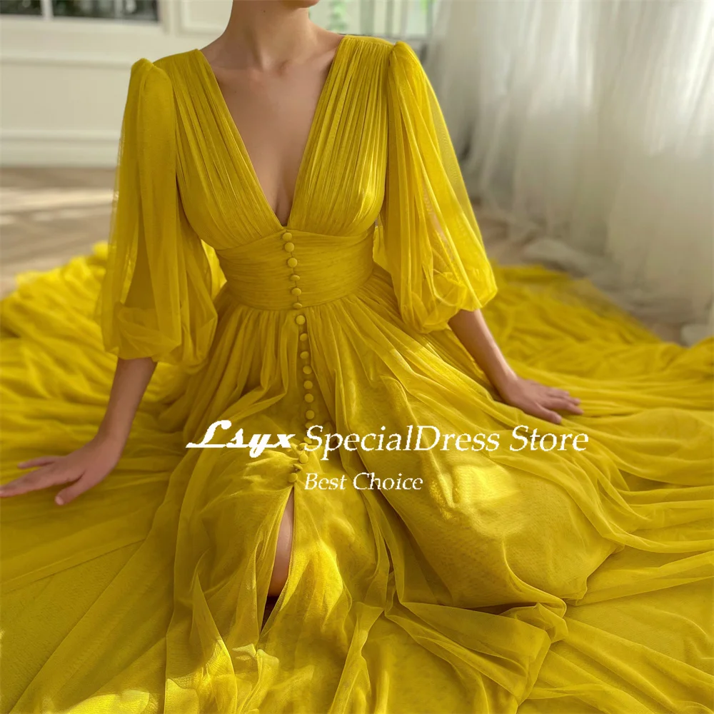 LSYX V Neck 3/4 Sleeves Tulle Evening Dress For Women A-line High Side Slit Ruffles Floor Length Simple Prom Gown