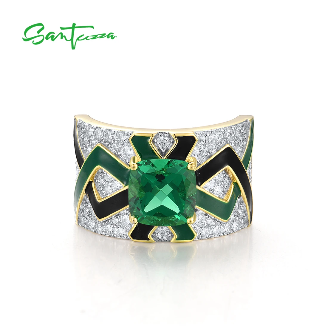 SANTUZZA Real 925 Sterling Silver Rings For Women Sparkling Green Spinel Grand Enamel Innovative Party Wedding Sets Fine Jewelry