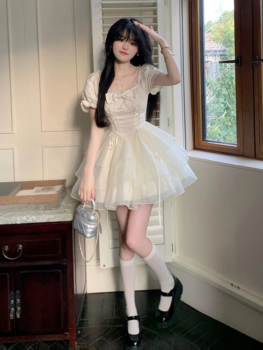 ReddaChic-vestido com cadarço com cadarço para mulheres, manga curta, plissado em camadas, laço, mini vestido de princesa, vestido Lolita Tutu, verão