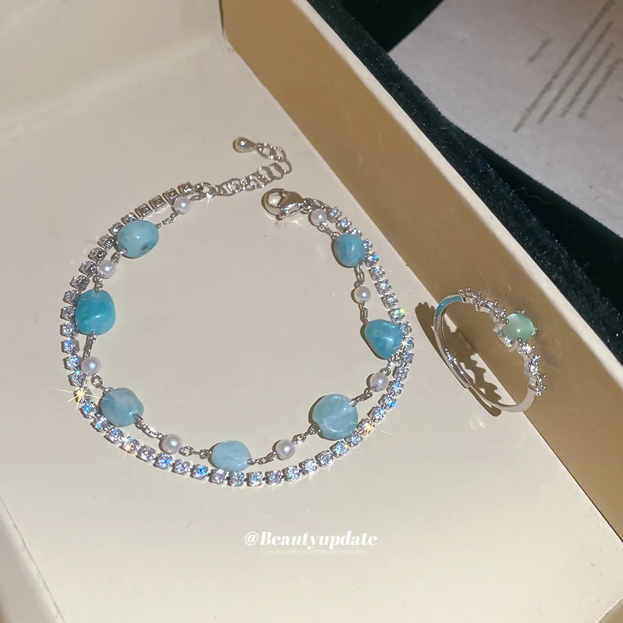 Ocean Breeze Deep Blue Beads Tiered Strand Wristlet Matching Ring Combo Set Sparkling Tennis Chain Delicate Coastal Summer