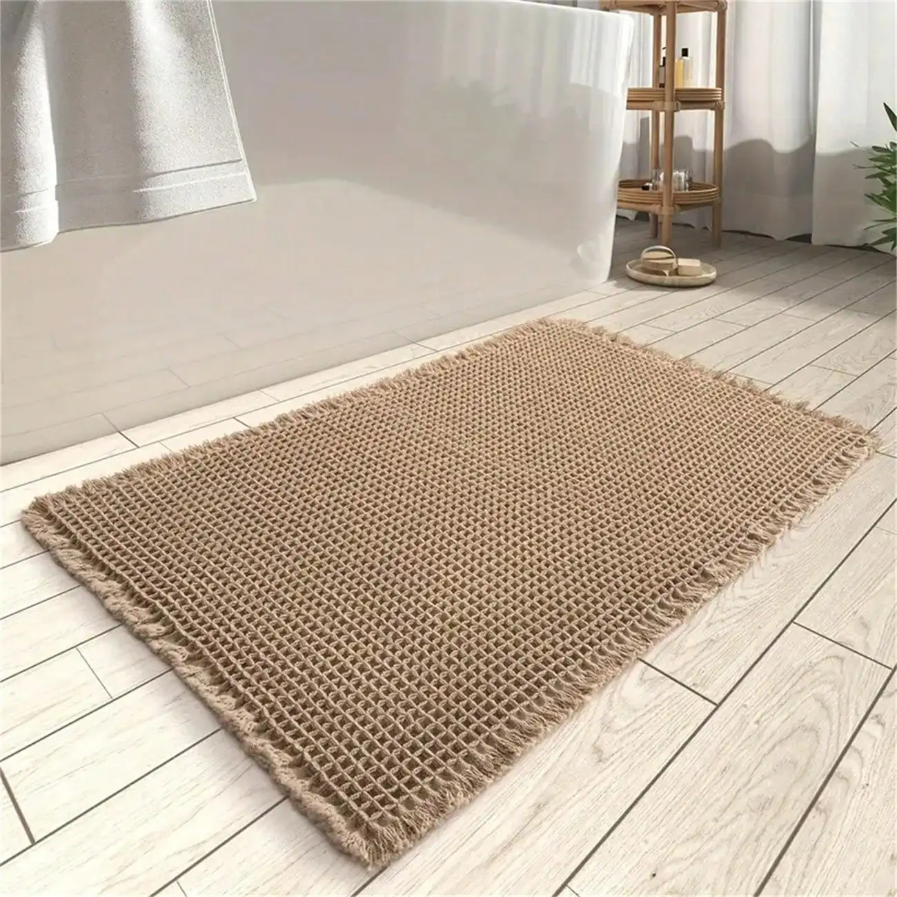 1pc Soft Absorbent Waffle Bath Mat, Slip-Resistant With Hot Melt Glue Transparent Rubber Bottom, Tasseled Washable For Kitchen And Bathroom Home Bathroom Decor Bath Rug Floor Carpet Outdoor Rug Door Mat Fall Decor  sh2409089264900198