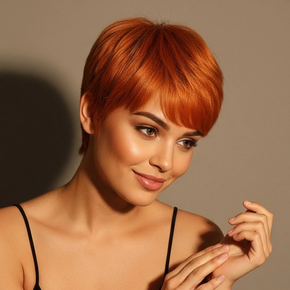 الزنجبيل قصيرة عابث قطع شعر مستعار شعر طبيعي مفرود الباروكات مع الانفجارات للنساء آلة صنع قبعة الشعر البرازيلي 100% خصلات الشعر المستعار الإنسان