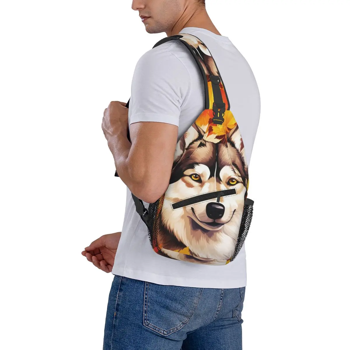 Autumn Fall Siberian Husky Dog Chest Bag Men Sling Crossbody Backpack Chest Bag Travel Hiking Daypack Shoulder Bag