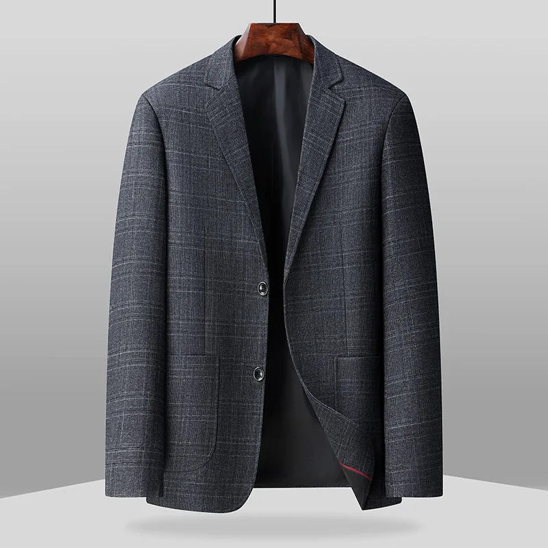 KIDWHXR Blazer Man British Style Plaid Turn Down Collar Male Pocket Outerwear Single-breasted Business Casual Men Suit Coat
