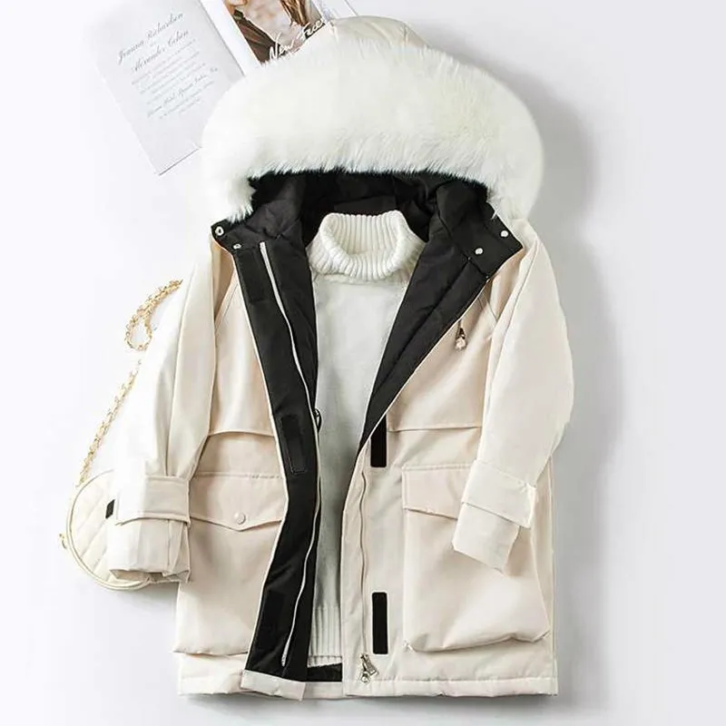 Fitaylor Winter Large Natural Fur Hooded Down Jacket Women Thick Warm Snow Beige Outerwear White Duck Down Coat Adjustable Waist