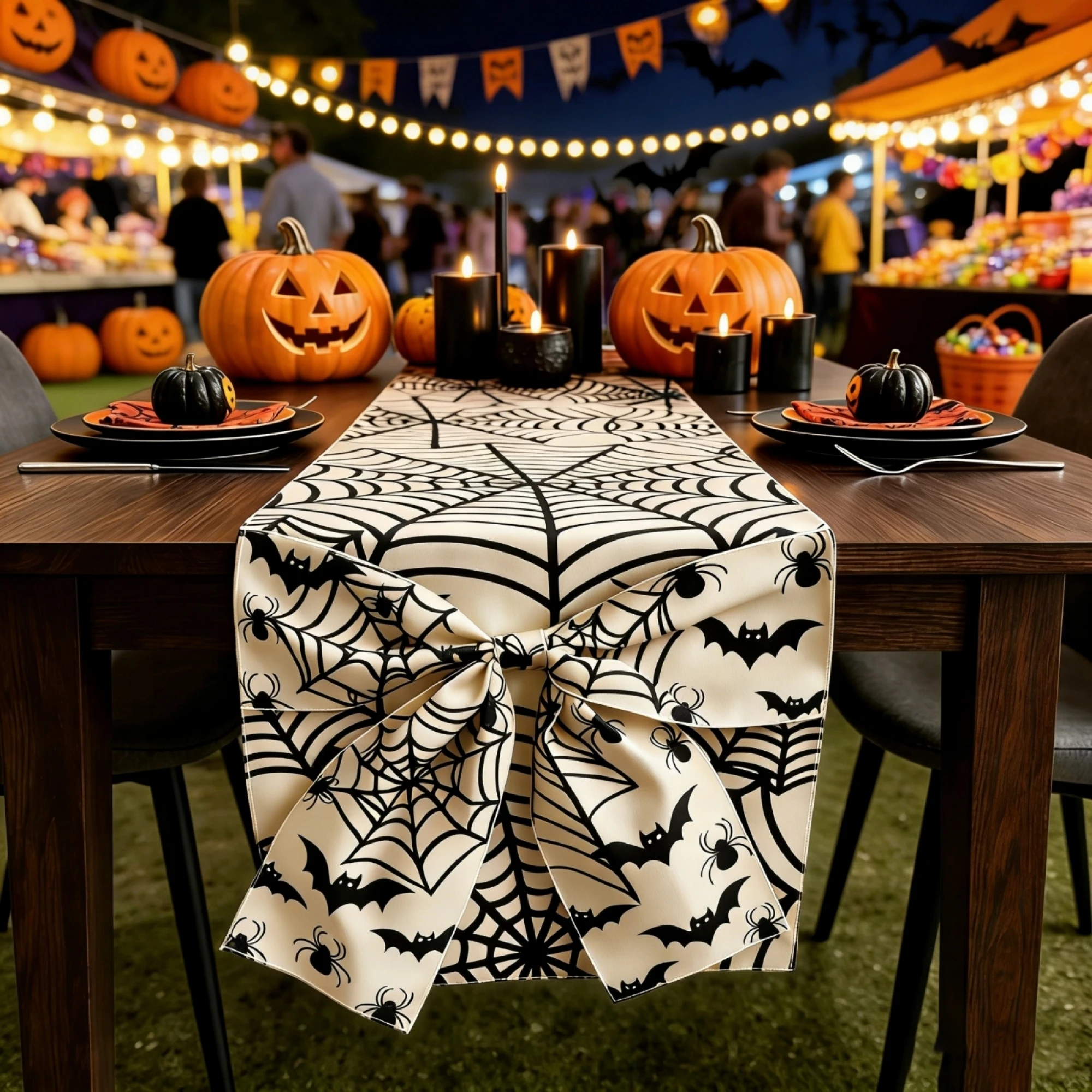Halloween Table Runner with Bow Spider Web Bat Print Long Dining Table Runner for Home Holiday Party Decor