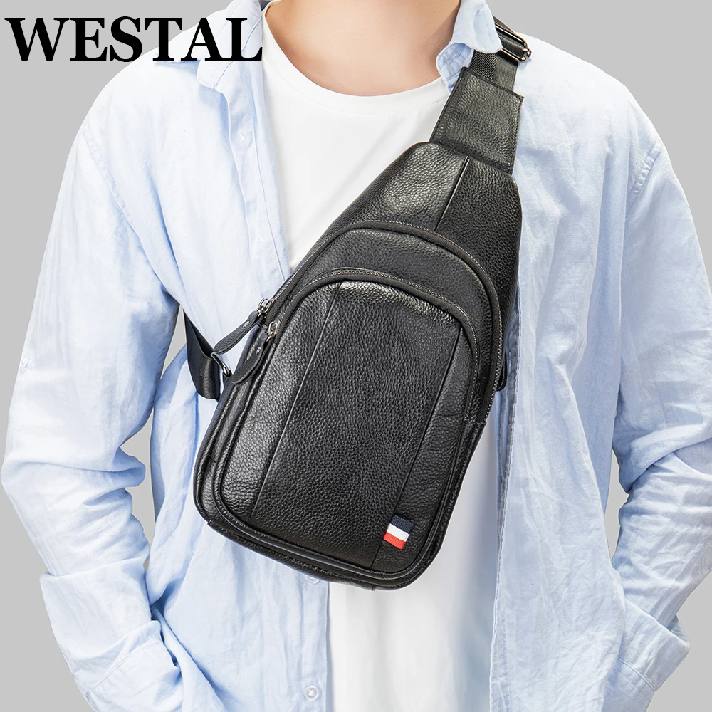 

WESTAL Shoulder Bag Husband Genuine Leather Chest Bag Sling Side Bag Slingpack Phone Pouch Pocket Cross Body 7.9 Inch