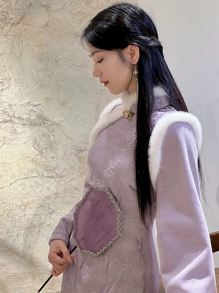New Year Purple  Thickened Fleece Long Style Women's Traditional Chinese Design High Slit Daily Wear Winter 2025