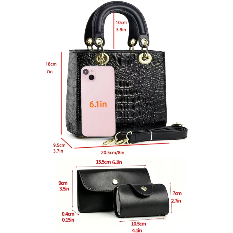 3-piece women's handbag set, small and lightweight crocodile-embossed small square bag, fashionable and versatile shoulder view 3