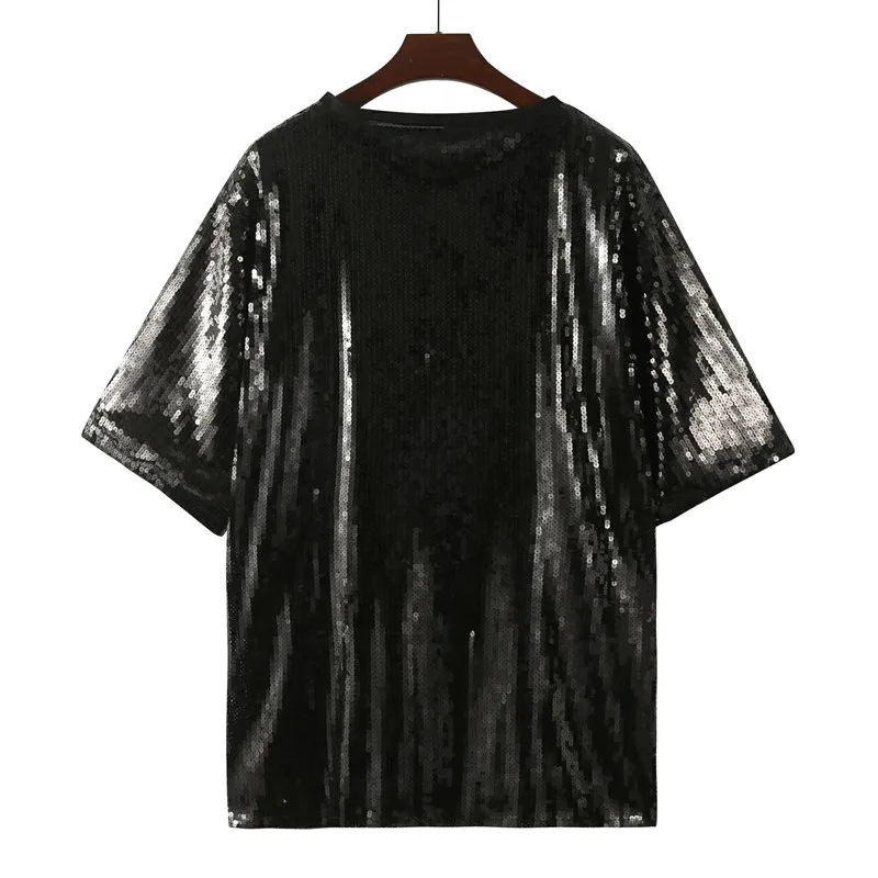 

Новая женская футболка с круглым вырезом и надписью, свободного прямого кроя, с пайетками, в стиле хип-хоп, для ночного клуба, с коротким рукавом, весна-лето