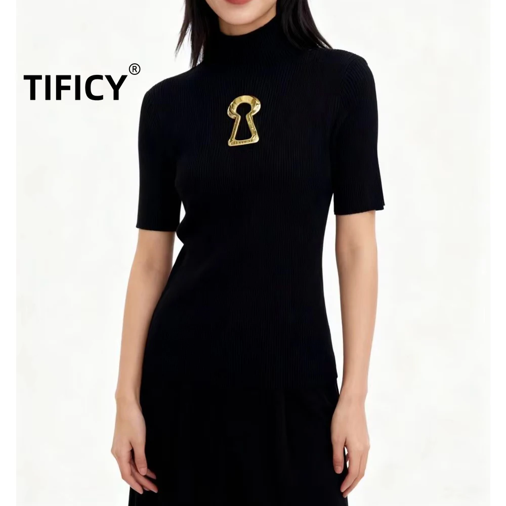 High Street Tees T-shirts Tops Women's Summer High-end New Gold Keyhole Semi High Neck Slim Fit Short Sleeved Knitted TShirt Top