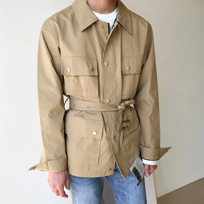 Workwear Men's Short Style Windbreaker 2022 Autumn New Black Khaki Trench Coat With Belt Lapel Single Breasted Cloat 2Y2422