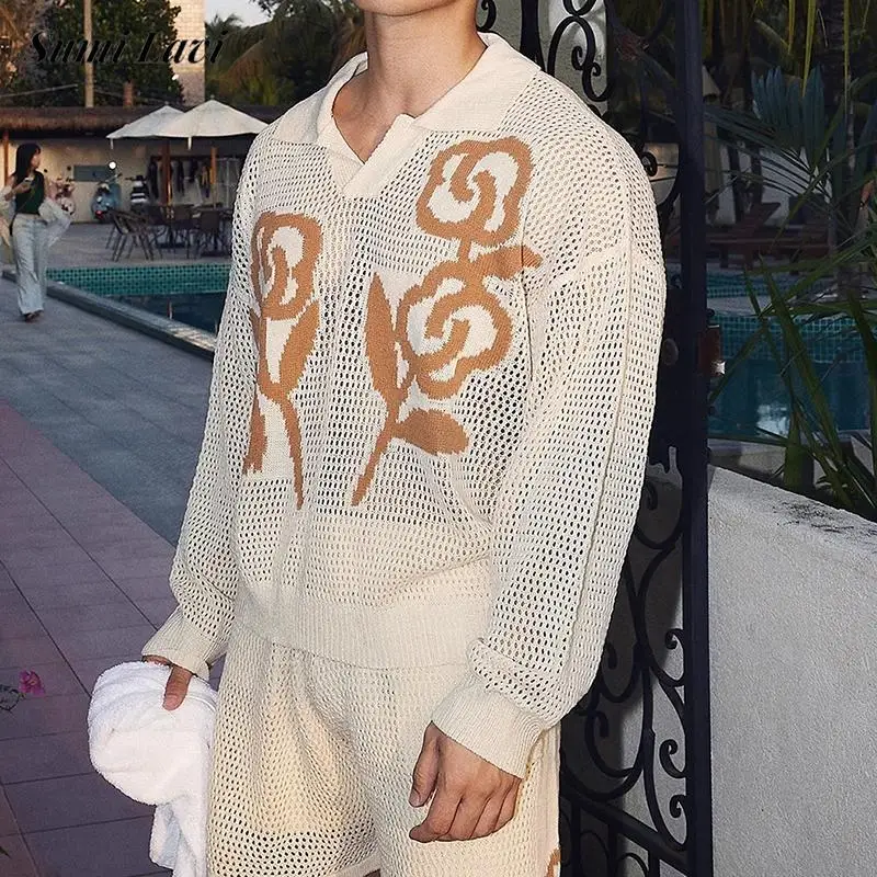 Vacation Seaside Beach Breathable T Shirts Mens Knitting Hollow Out Mesh Pullovers Men Stylish Turn-down Collar Crochet T-shirt
