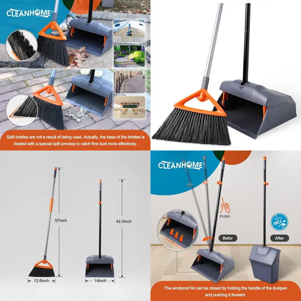 

Sturdy Dual-Use Broom and Dustpan Set with Long Handle for Indoor & Outdoor Cleaning, Grey