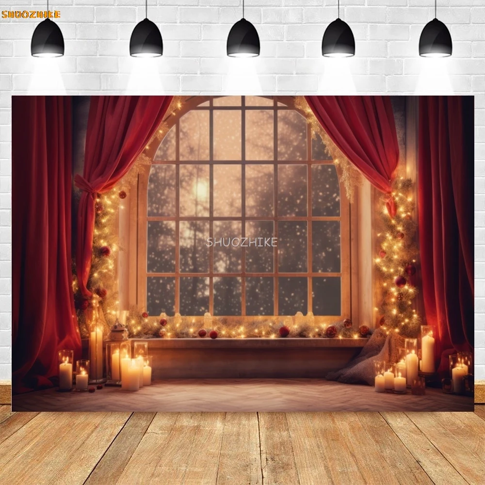 Christmas Backdrop Photography Indoor Christmas Tree Window Candle Decor Photography Background New Year Christmas Party Banner