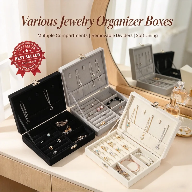 Portable Lockable Velvet Jewelry Box Travel Storage Display Case for Rings Necklaces & Earrings