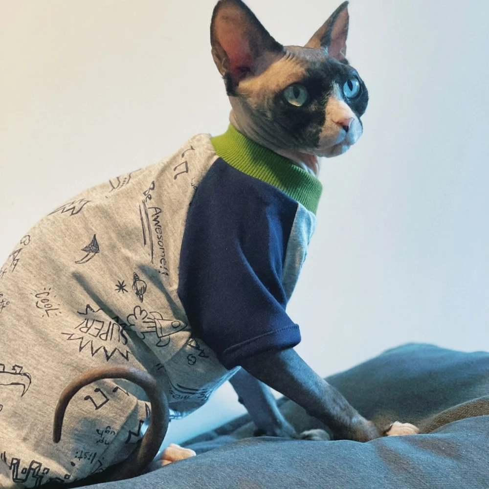 Clothes for Sphynx Cat Grey Cartoon Airplane Cotton T-shirt for Kittens Spring Long Sleeves Casual Coat for Male Cat for Devon