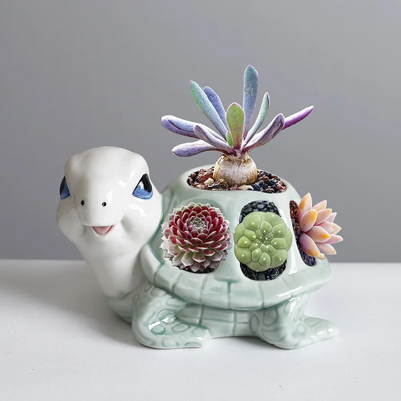 Handmade Multi Holes Turtle Ceramic Flower Pot Succulent Planter Mini Cactus Bonsai Desktop Tabletop Home Office Decor Gift