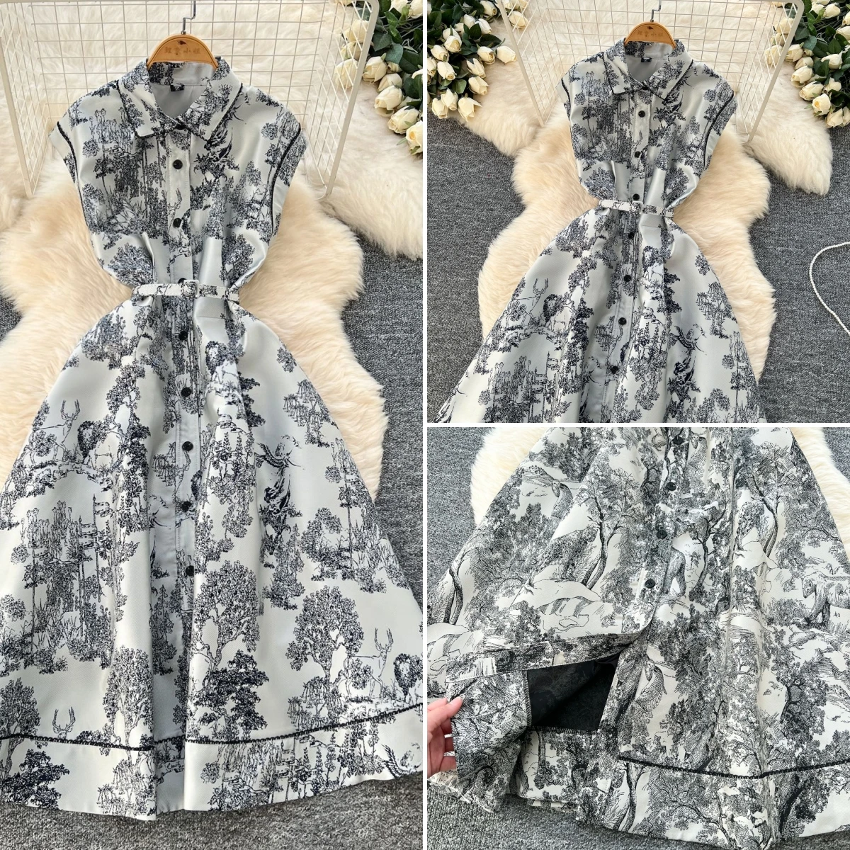

Women Dress Long Dresses Print A Line Vestidos Streetwear Turn Down Collar Sleeveless Elegant Splice Y2k Work High Waist