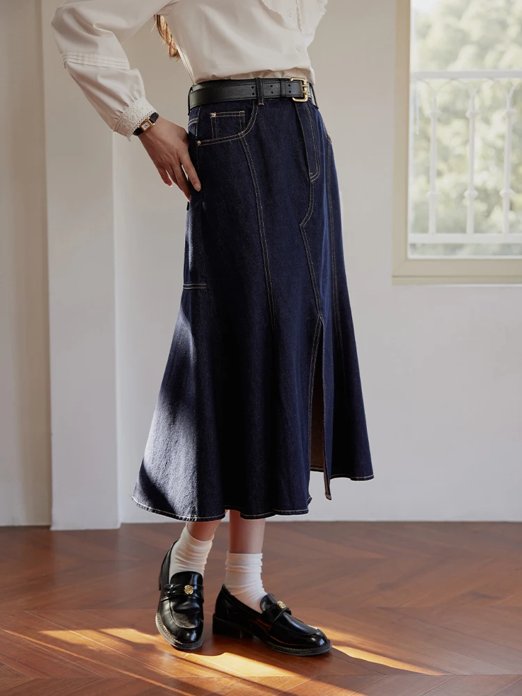 DUSHU 【2 Colors】Retro Navy Blue Fishtail Denim Skirts High Waist Asymmetrical Cotton Long Brown Female Skirts 24DS81075