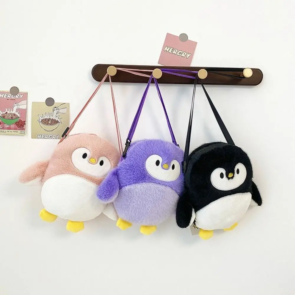 Sweet Doll Toy Penguin Messenger Bag Korean Style Cartoon Plush Shoulder Bag Zipper Adjustable Shoulder Strap Crossbody Bag Girl