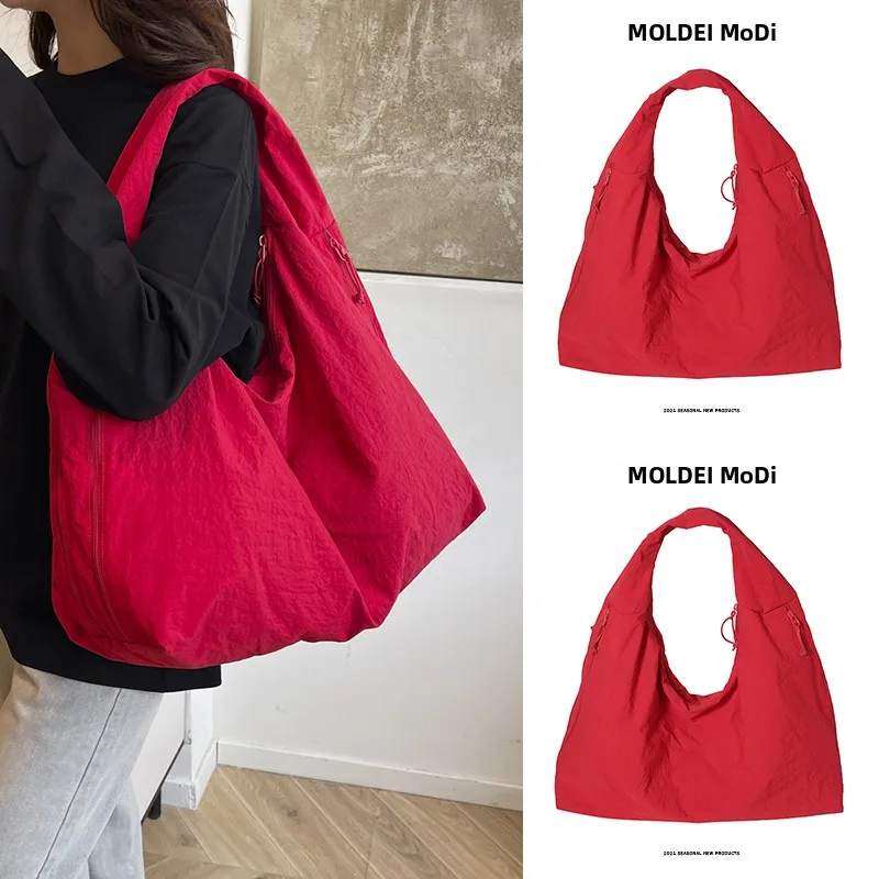 

Fall Winter Large Capaci Faionable Red Wedding Women's Tote Bag Single oulder Bag Commuter Handbag Soft Nylon Material
