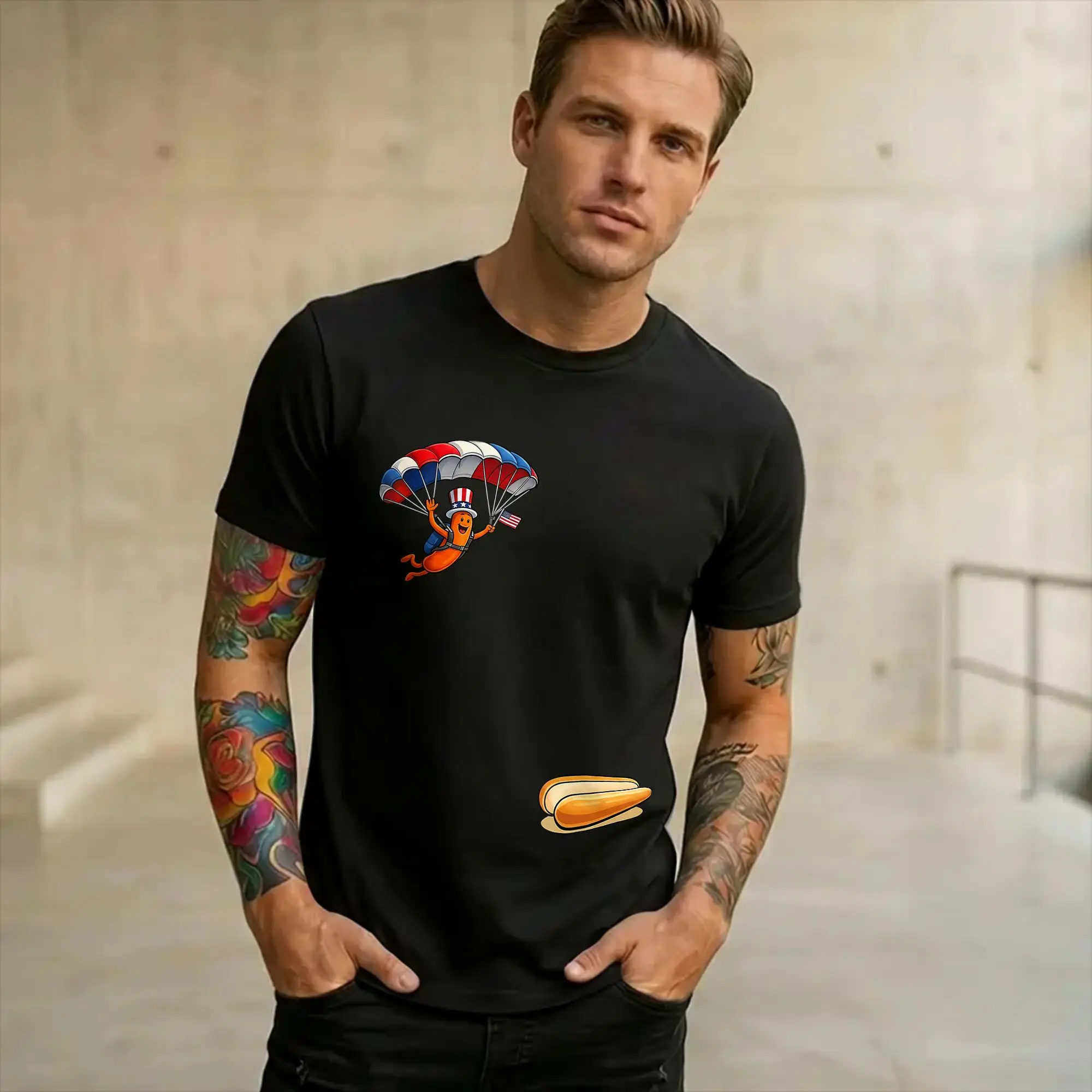Men Women Hotdog Freedom Dive Hot Dog Jumping Into Bun Sausage BBQ  Shirt Pure Cotton New Arrival Tee Shirts  Top Clothing