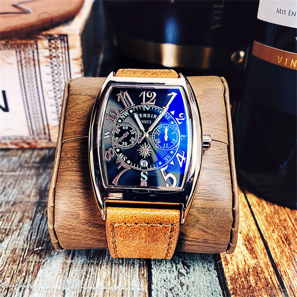 Men\'s Unusual Luxury Wine Barrel Dial Design Watches Man Casual Sport Leather Quartz Watch For Men WristWatch Relogio Masculino