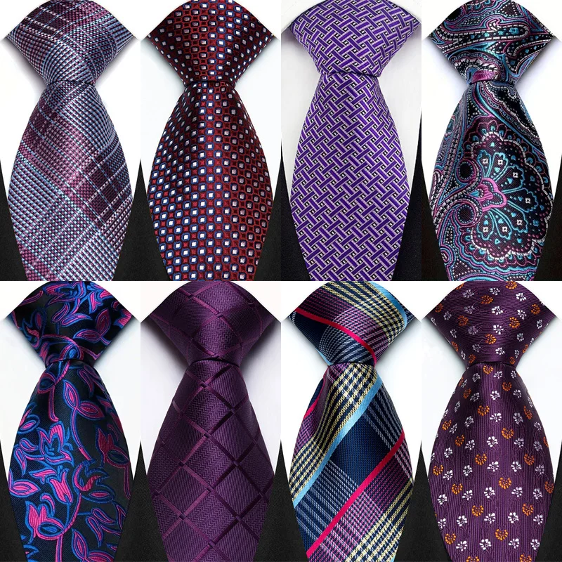 Luxury 8CM Mens Necktie Purple Color Stripes Floral Plaid Ties For Man Groom Jacquard Woven Neck Tie For Business Wedding Party