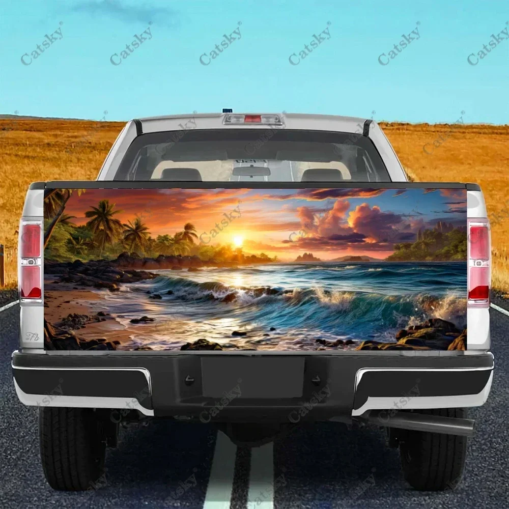 

Sunset Beach Palm Trees Waves Truck Tailgate Wrap Professional Grade Material Universal Fit for Full Size Trucks Weatherproof